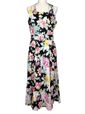 Vintage TESS Dress Floral Maxi Dress Size 14 Black Cotton Belted Cottagecore